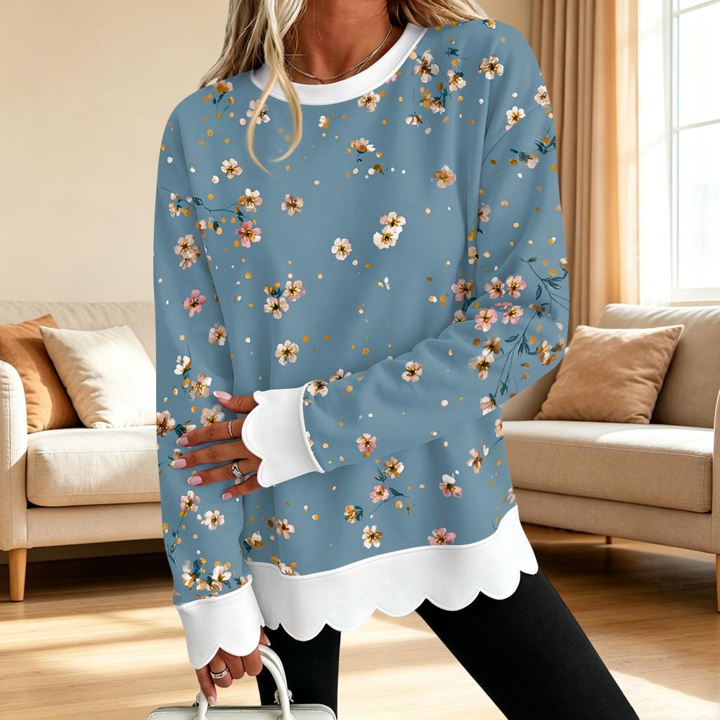 Dame Sweatshirt med Blomstertryk og Rund Hals med Skåret Bølget Kant Langærmet Pullover Top