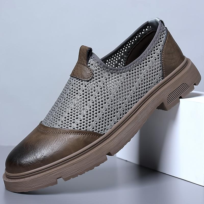 Fashion 2024 Summer New Hollow Mesh Men's Loafers Designer New Thick Soled Outdoor Walking Slip-on Men's Business Leather Shoes