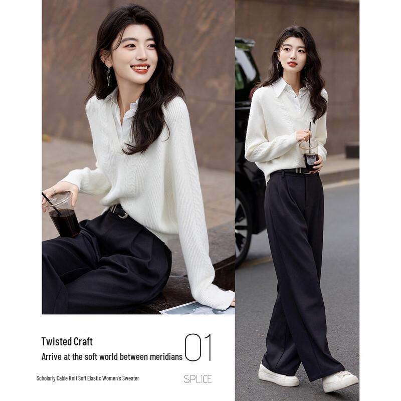 DEMANA Sophisticated Spliced Lapel Cable Knit Sweater Top for Women