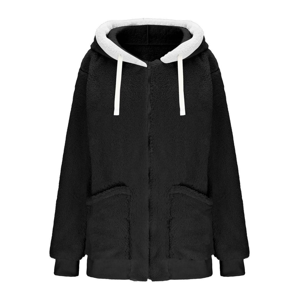 Women's Fashionable Plush Solid Color Zippered Hooded Pocket  Long Sleeved Loose Warm Jacket