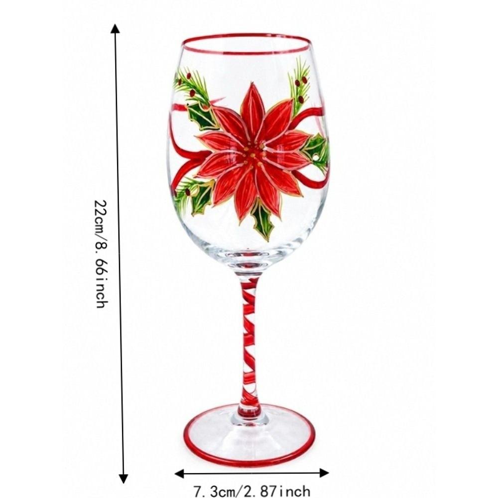 Poinsettia Christmas Wine Glass 2D Hand Painted Red Wine Cup Clear Stemmed Cup Christmas