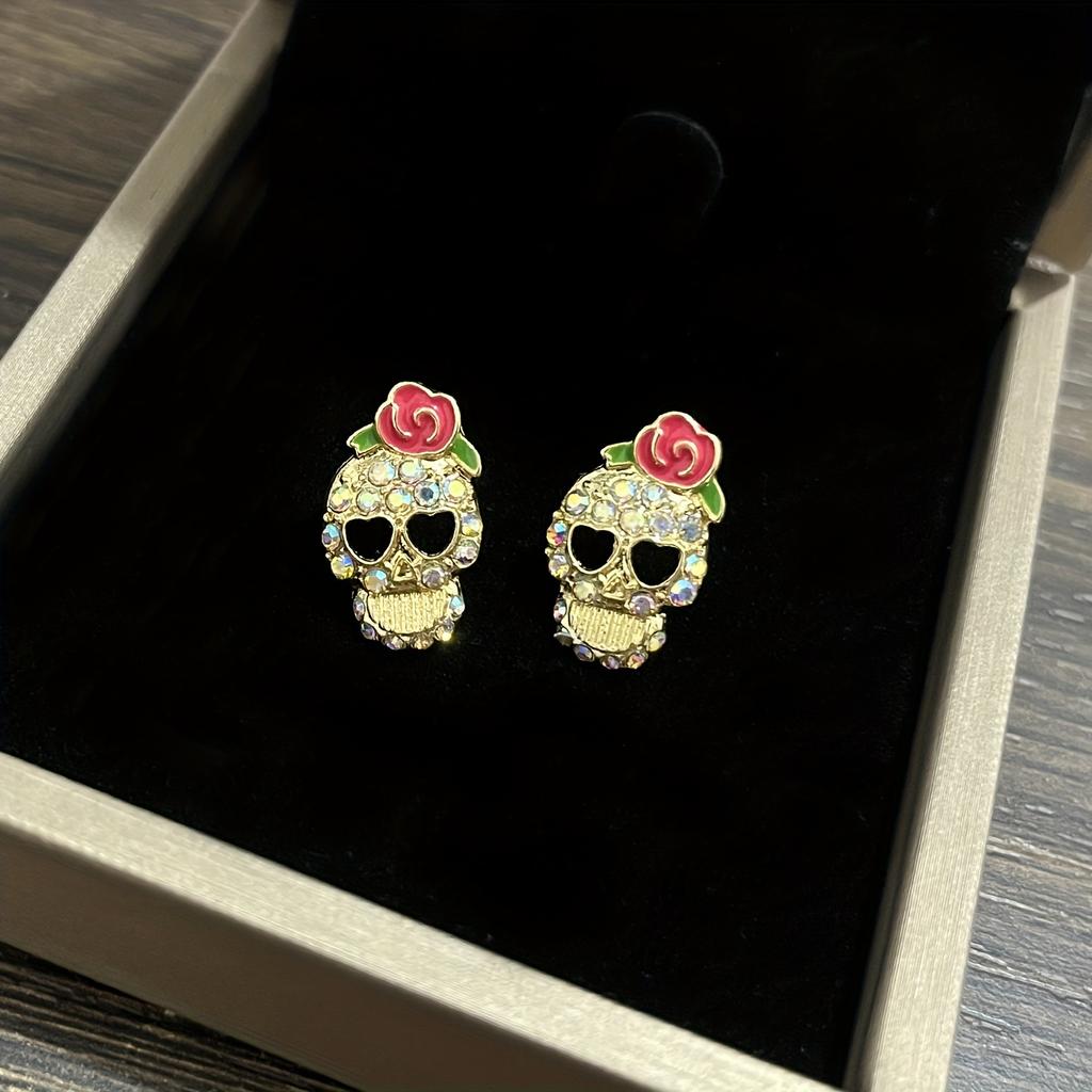 Halloween  Skull Earrings, Full Diamond Skull Head Punk Earrings