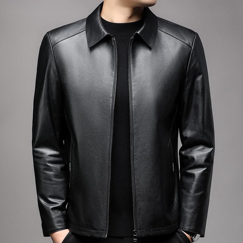 

Autumn leather leather jacket men s solid color lapel leather jacket men s leather top coat L чорний