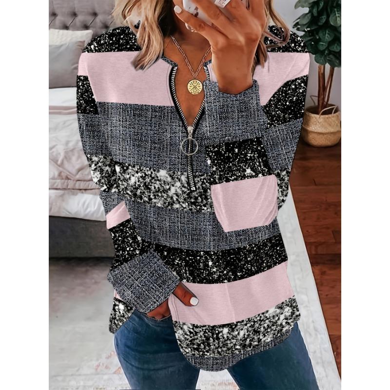 Fashionable Casual Spring/Autumn New Arrival Denim Print Zippered Round Neck Long Sleeve Women's Top