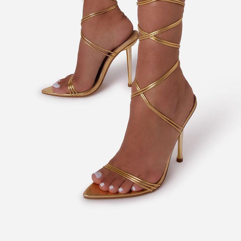 

Spring and summer new pointed sexy cross strap fashion sandals electroplating heel large size stiletto high heels women 43 золотой