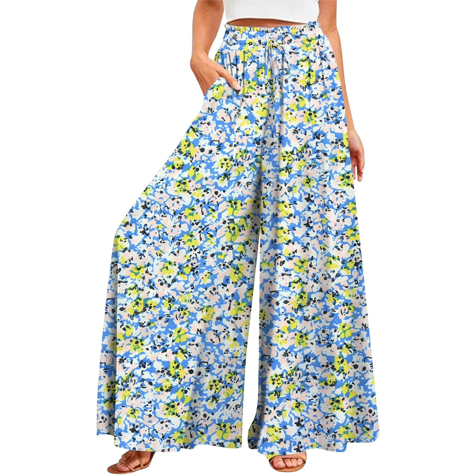 2026 New European and American Women s Wide-Leg Pants, Bohemian Floral Wide-Leg Pants, Summer High-Waisted Flowing Long Pants S