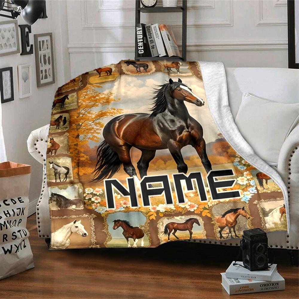 Horse Collection In Autumn Landscape Gift Customizable Blanket Personalized Text Ultrasoft Versatile For Sofa Couch Office Bed Picnics For All