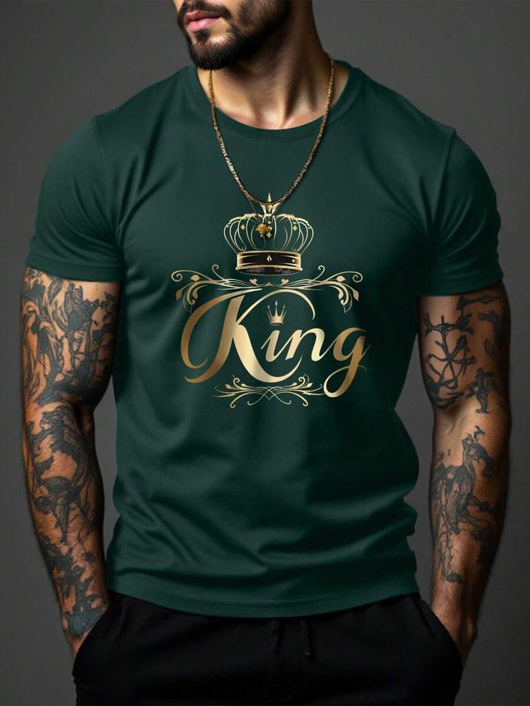 Men Letter Crown Print Crew Neck Short Sleeve Tee