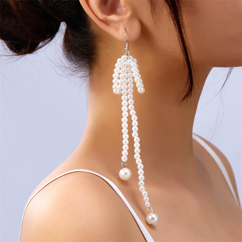 Vintage Imitation Pearl Bowknot Drop Earrings for Women Handmade Beads Long Hanging Earrings Girls Party Wedding Jewelry Gift