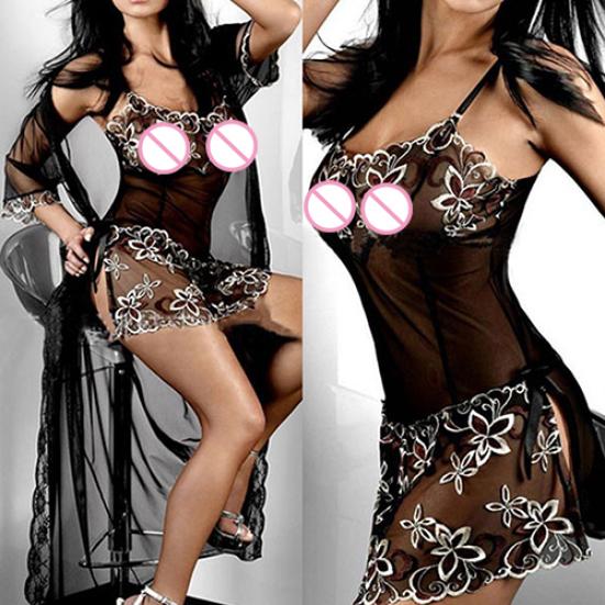 Kadın Seksi Nakışlı Şeffaf Pijama İç Giyim Fileli Gecelik