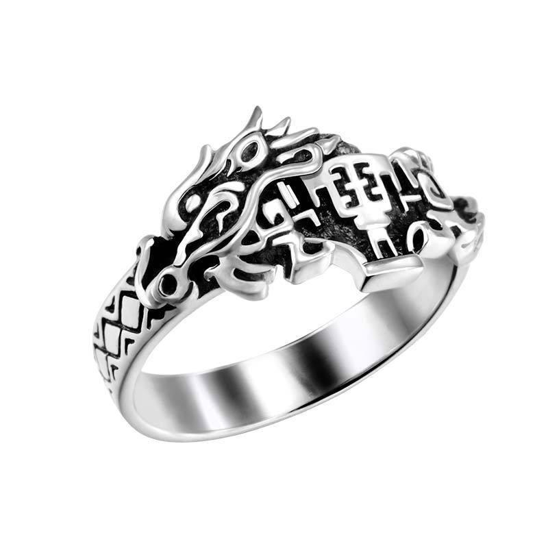 Adjustable Sterling Geometric Dragon Motif Ring Men Women Vintage Artisan Handmade Statement Jewelry Adjustable Open Band