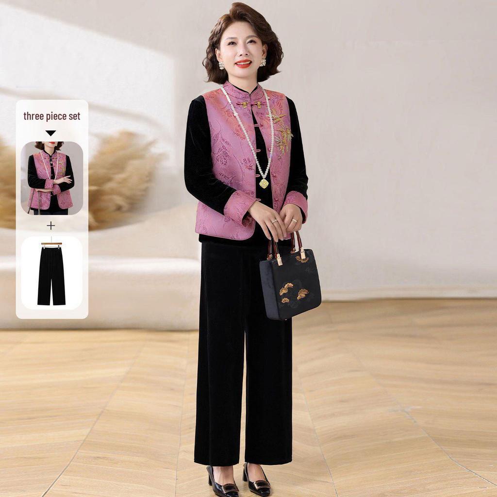 Women's New Embroidered Chinese-Style Velvet Vest with Frog Button - Two-Piece Spring Set