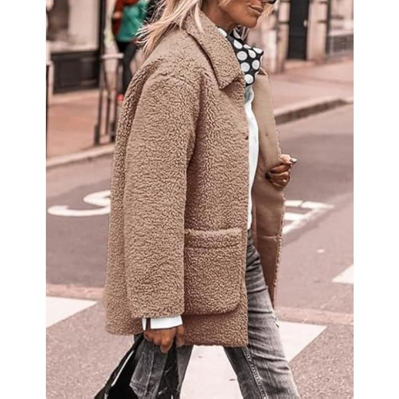 Lamb Wool Coat for Women Long Sleeves Turndown Collar  Medium Length Cotton Jacket Solid Color Warm Comfortable Autumn and Winter