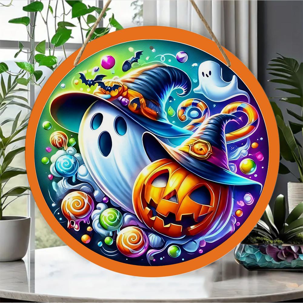 Colorful pumpkin and ghost pattern round wooden hanging plaque indoor outdoor wall art decor farmhouse halloween party home ornament gift