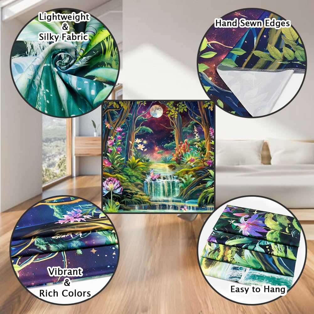Leofanger Blacklight Fantasy Forest Tapestry Aesthetic Moon Tapestry UV Reactive Neon Galaxy Space Wall Tapestries Trippy Plant Floral Tapestries