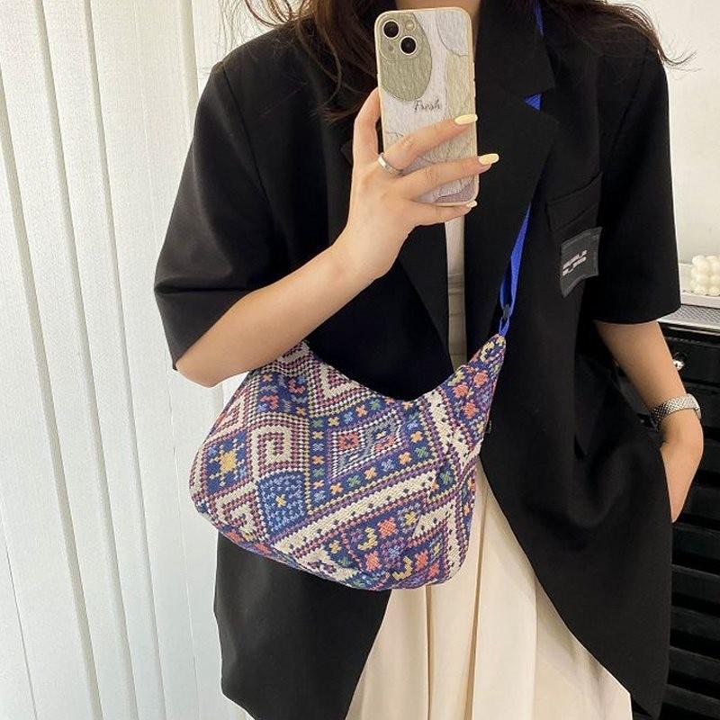 Stylish Durable Canvas Bucket Bag For Women With Embroidered Design And Wide Shoulder Strap