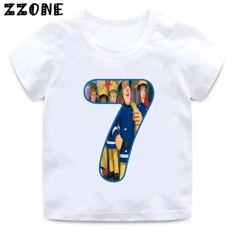 Fireman Sam Firefighter Print Cartoon Boys Clothes 1 2 3 4 5 6 7 8 9 Years Birthday Number Kids T shirt Cute Baby Girls TShirts