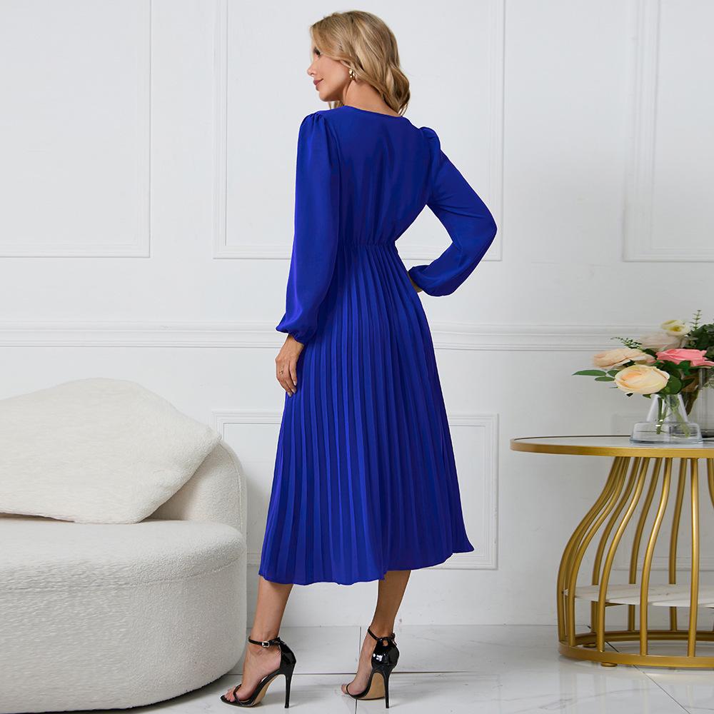 2022 European & American Slim Fit V-Neck A-Line Dress with Belt & Pleated Long Sleeves for Women