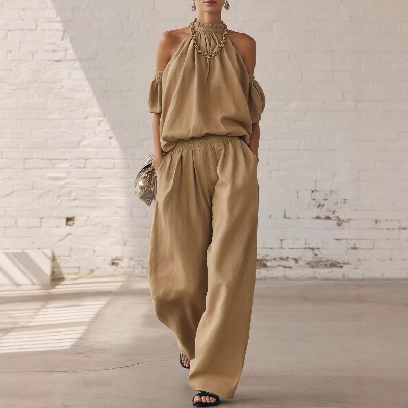 New Summer Women's Off-the-Shoulder Halter Top and High-Waisted Wide-Leg Pants Casual Set