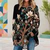 Women Plus Size Round Neck Long Sleeve Black Gold Printed Loose High Low Hem Shirt With Pockets