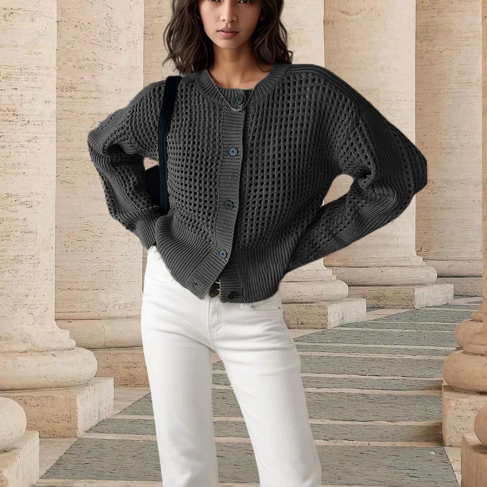 

Женский теплый вязаный свитер, кардиган с круглым вырезом, полый пуловер, джемпер с длинным рукавом, вязаный свитер на пуговицах, куртка, верхняя одежда M чёрный