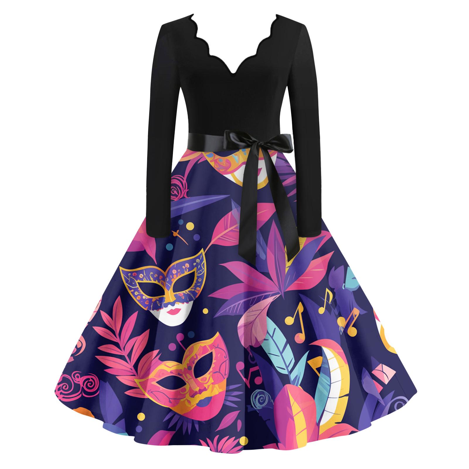 

Женское повседневное модное платье с V-образным вырезом и длинным рукавом с принтом в винтажном стиле XL