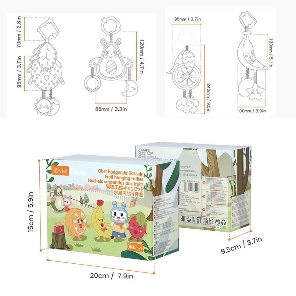 

Детские игрушки TUMAMA, подвесные фруктовые погремушки с авокадо, бананом, апельсином и клубникой, мобильные игрушки для коляски, мягкие плюшевые погремушки для мальчиков, рождественские подарки, 4 упаковки Package size:20*15*9.5cm