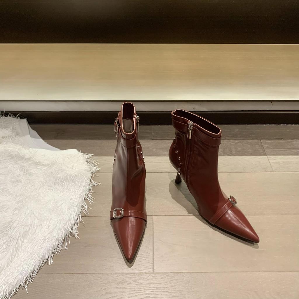 Europäischer und Amerikanischer Stil Damen Herbst Spitzschuh Gürtelschnalle Stiefel Damenmode Hochhackige Kurze Stiefel