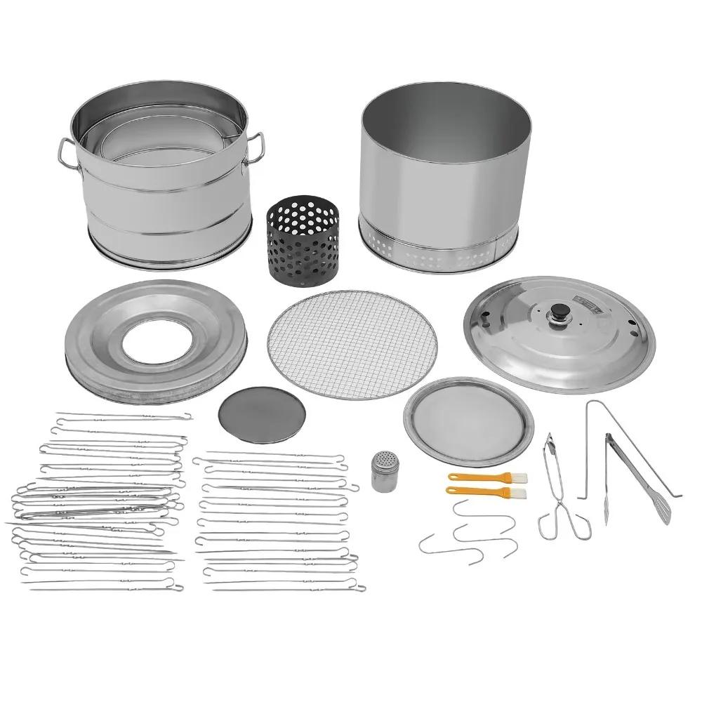 Großer tragbarer rauchfreier Holzkohlegrill - 360° Edelstahl BBQ Fass mit 50 Spießen, für Camping, Picknicks & Kochen im Garten