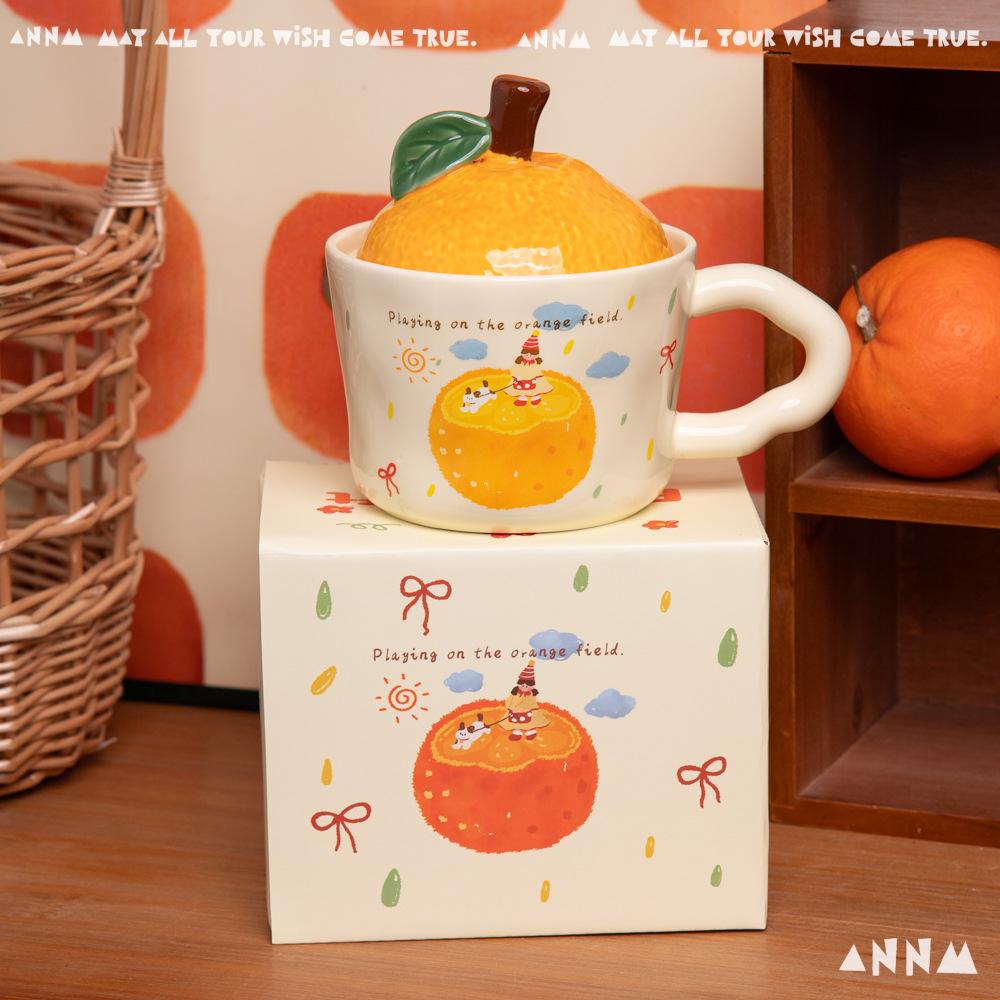 Ceramic Orange Water Cup with Lid - Office or Birthday Gift, Cute Souvenir Mug for Home.