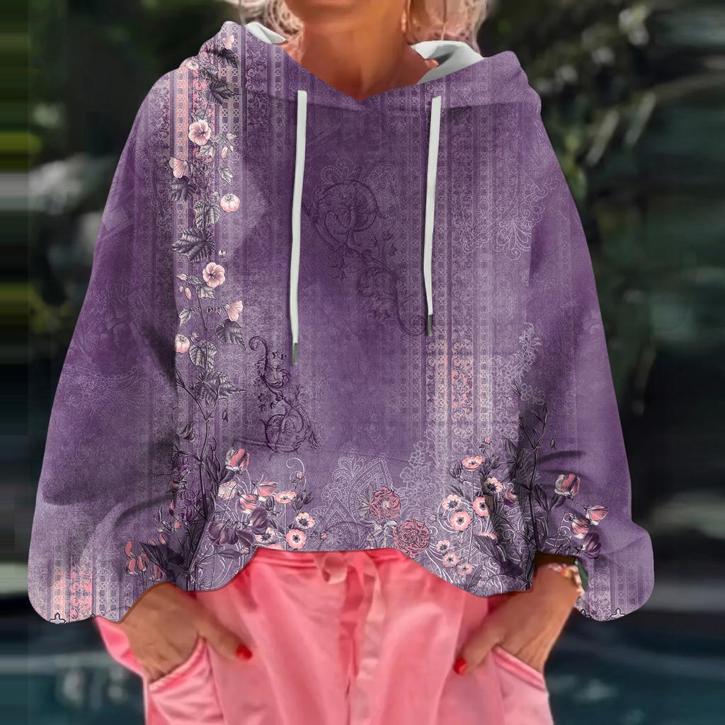 Women's Floral Print Loose Casual Long Sleeved Hooded Sweatshirt