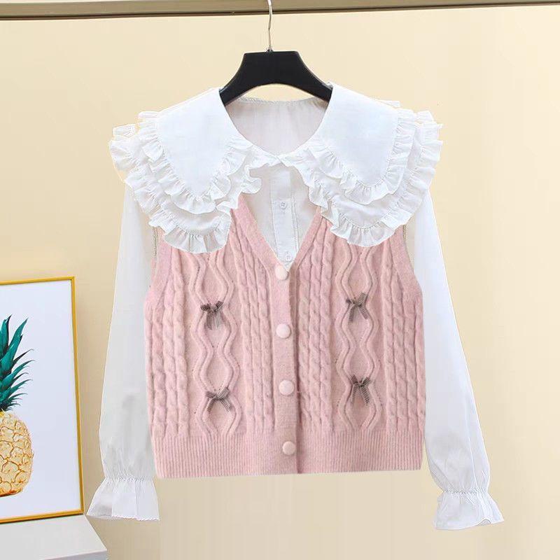 Spring and Autumn Thickened Bow V-neck Knitted Vest Women's Youthful Outerwear Cardigan Top