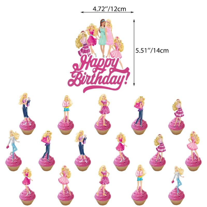 Barbie Doll Themed Purple Birthday Party Decoration Set With Cartoon Flags, Latex Balloons, And Cake Toppers