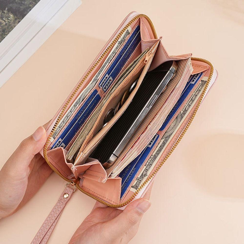 Luxury Leather Long Wallet With Wrist Strap Solid Color Multi Card Holder Large Capacity Phone Handbag Women