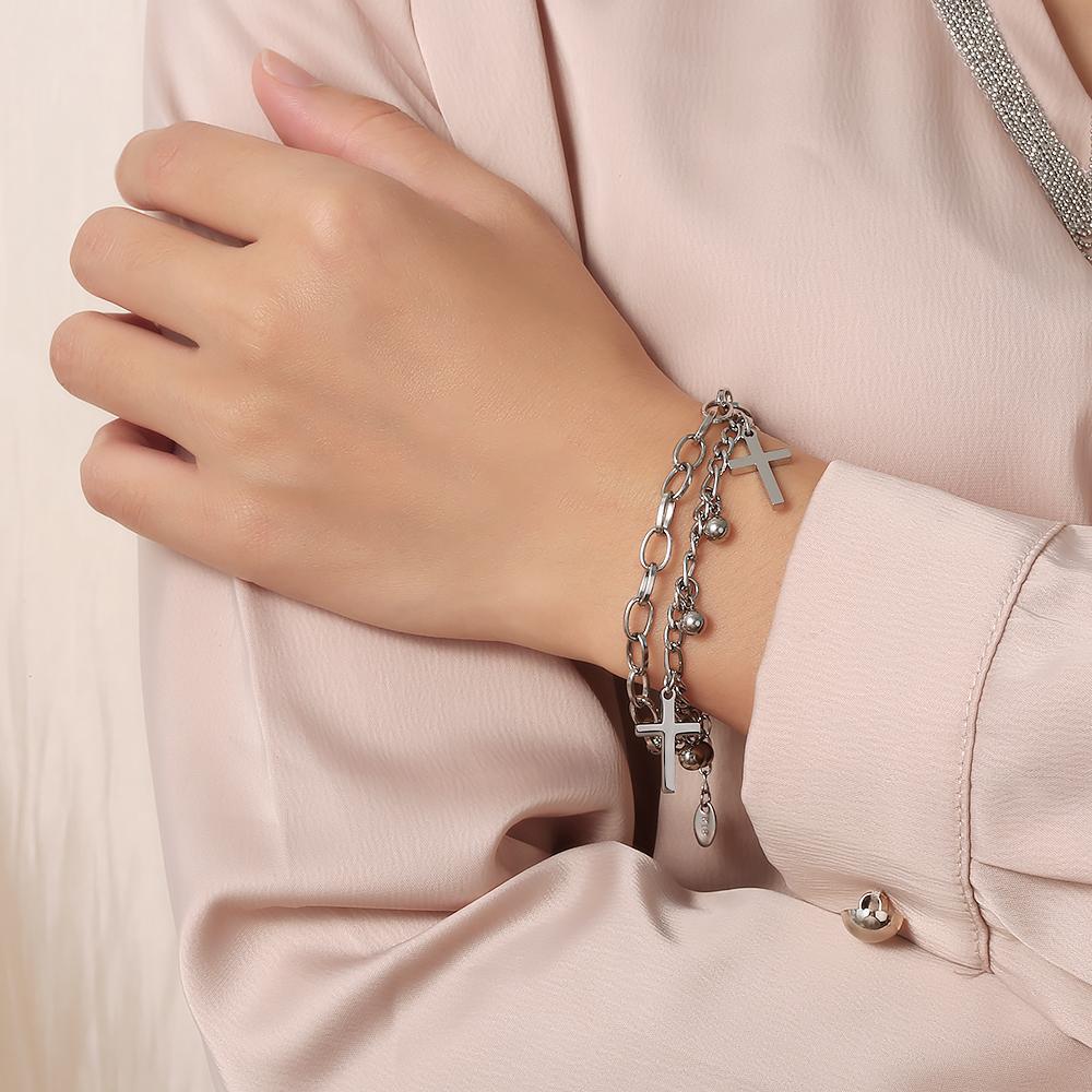 XIXI Joyas De Acero Inoxidable Para Mujer Double Cross Stainless Steel Gold Plated Custom Fashion Jewelry Chain Bracelet Bangle