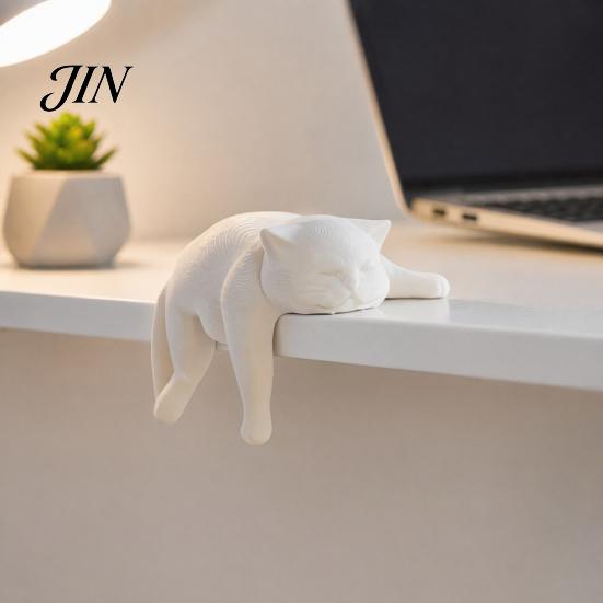 Modern Cat Ornament for Home 3D Printed Lazy Figurine, Sleeping Kitten Desk Decor, Cute Animal Statue Figurine Office, DIY Paintable White Matte