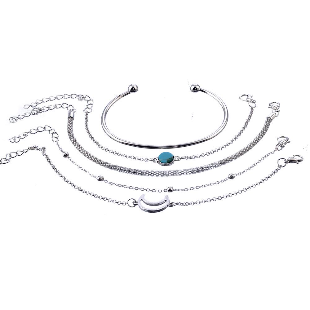 5Pcs Vintage Geometric Stone Charm Bracelet Set For Women Retro  Color Moon Wrist Chain Open Bangle Lady Boho Jewelry