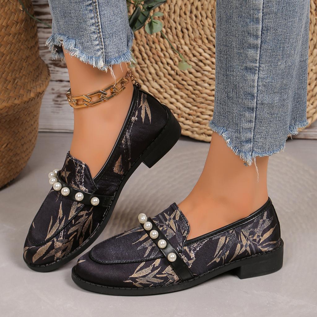 Mode Herbst Neue Damenpumps Runde Zehenpartie Niedriger Absatz Schuhe für Damen Slipper Rutschfest Loafers Outdoor Büro Dame Perle Plateau Schuhe
