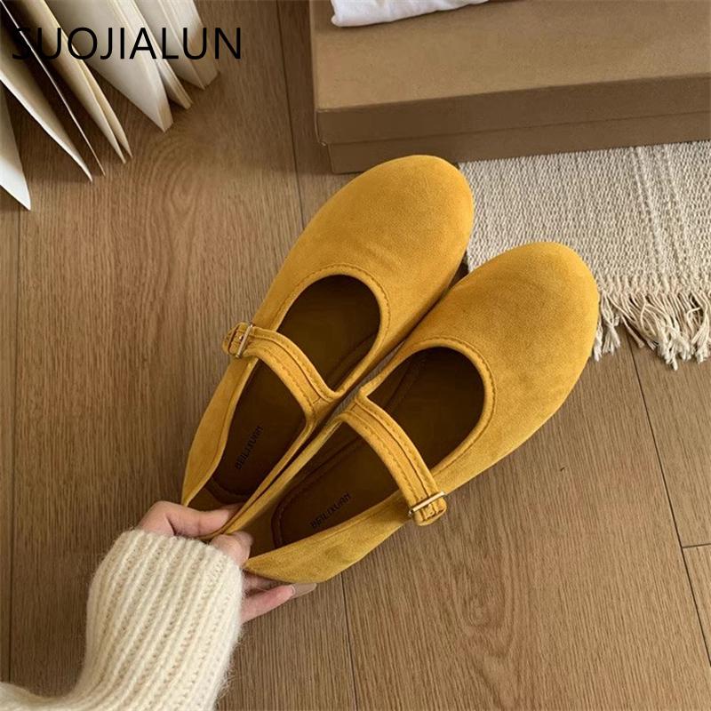 Fashion SUOJIALUN Spring New Brand Women Flat Shoes Fashion Round Toe Ladies Elegant Mary Jane Shoes Soft Flat Heel Dress Single Shoes