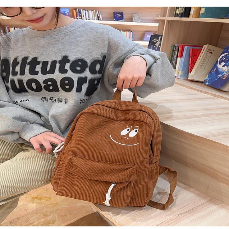 Solid Color Corduroy Backpack with Cute Anime Smiley Face Design, Large Capacity Student School Bag for Casual Use, Unisex