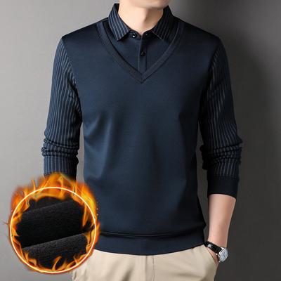 Winter Samt Fake Zweiteiler T-Shirt Herren Verdickt Warm Revers Unterzieh-T-Shirt für Junge und Mittelalte Menschen Gestreiftes Oberteil