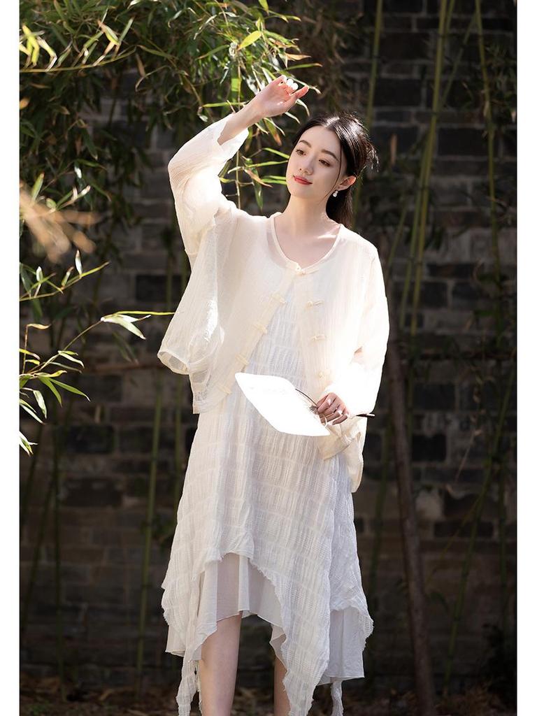 Handmade Plant-Dyed Crinkled Jacquard Irregular Maxi Dress for Women - Fairy-like, Slimming Camisole, Perfect for Summer Travel Photography