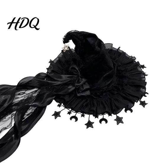 Stylish Lace Bow Headwear Halloween Witch Hat, Gothic Dark Wizard Costume Headpiece for Women, Spooky Velvet Cone Photogenic Daily Lolita Wear