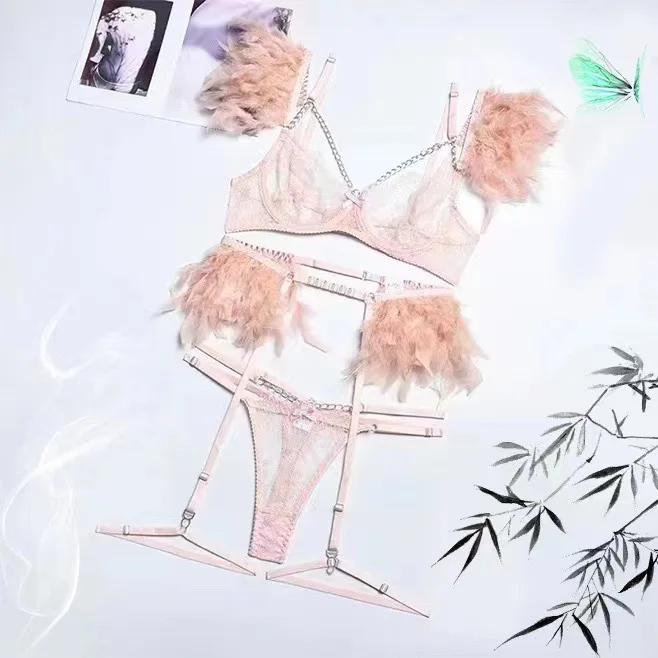 Sexy Metal Chain Lace Feather Lingerie Sets designed for Women Ultrathin Transparent Erotic Underwear 3 Piece Bra G-String Garter Sets
