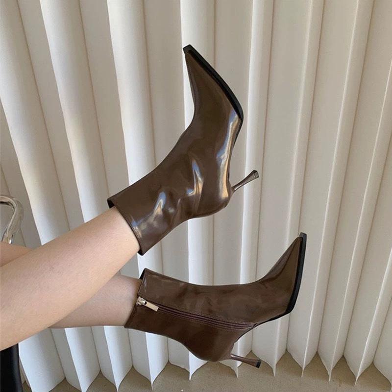 Patent Leather Short Boots Women'S High Heel Pointed Side Zipper Versatile Autumn And Winter Black Thin Heel Boots