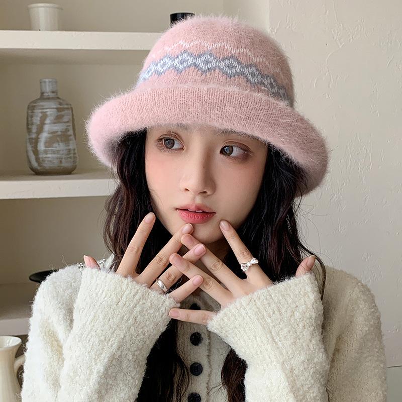 Jacquard Curled Fisherman Hat Women's Winter Windproof Retro Fashion Versatile Warm Ear Protection Knitted Basin Hat