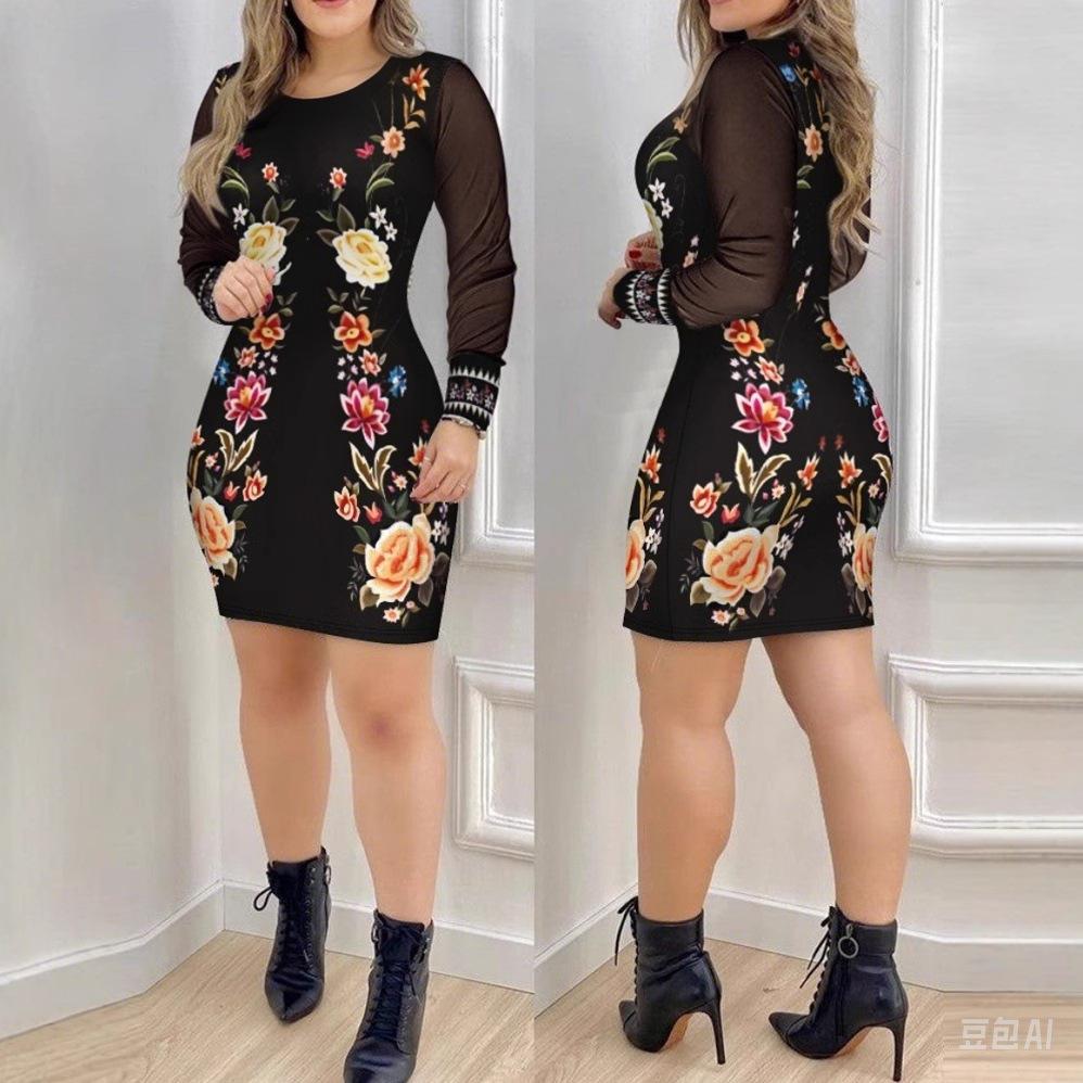 Women's Mesh Long-sleeved V-neck Slim-fit Printed Dress for Women