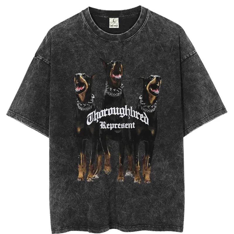 Men Gothic T-shirts  Streetwear Letter Dog Printed Punk Tops Summer Vintage Washed Oversized Short Sleeve T Shirts