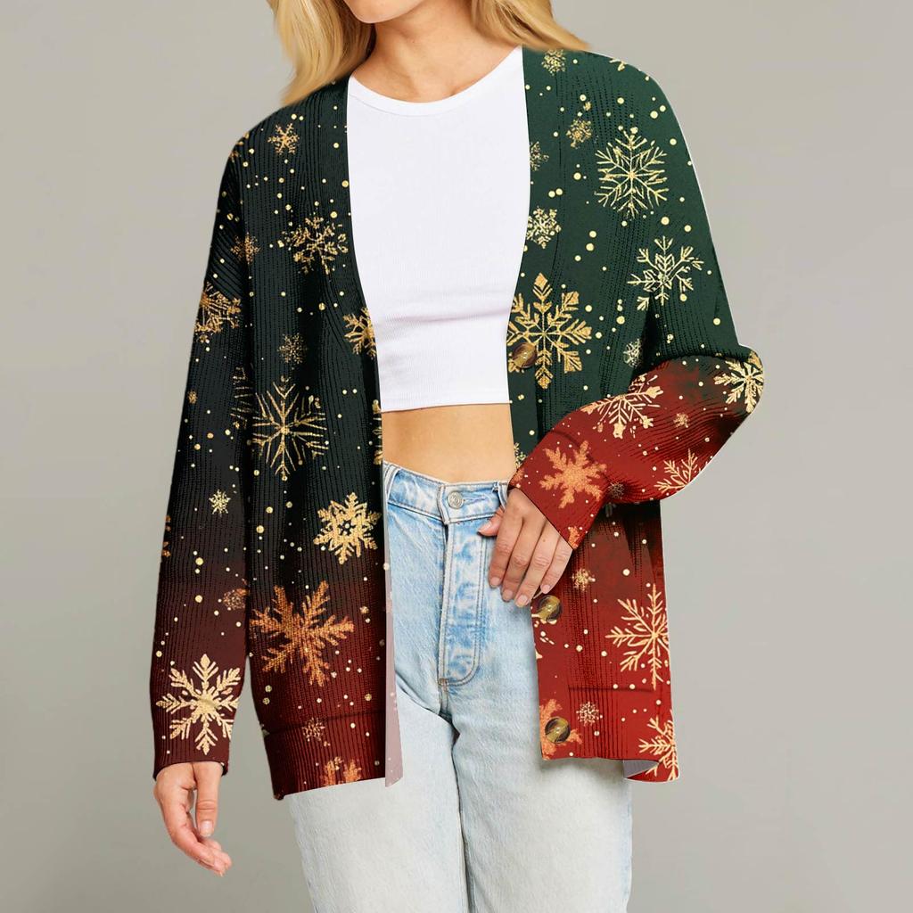 Women's Fashion Long Sleeve Christmas Print V-Neck Button Loose Cardigan Top