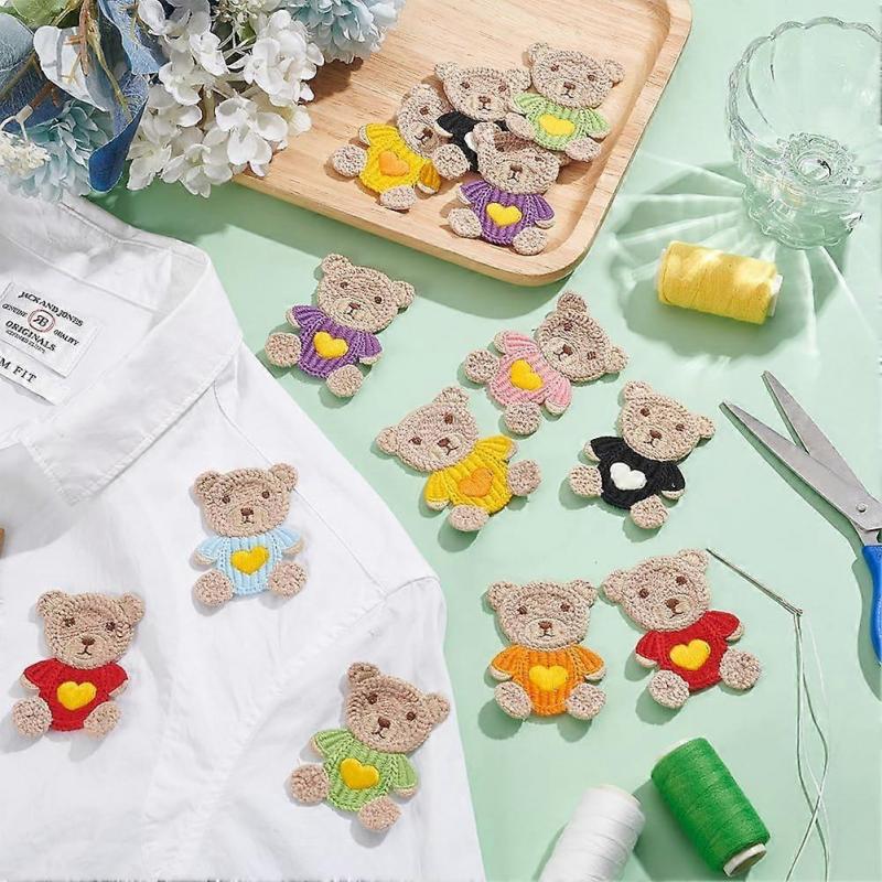 16 Pcs Little Bear Crochet Knitted Cloth Patch 8 Colors Crochet Bear Applique Patches Cartoon Bear Pattern Sew On Patches Repair Patch for Jackets Dre